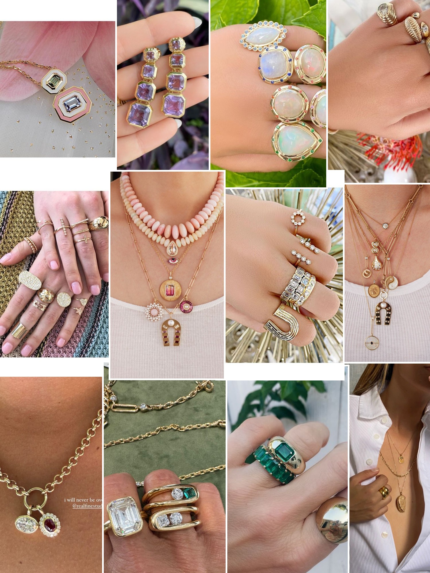 Collage of rings, earrings and layered necklaces worn up close, in the spirit of Sig Ward