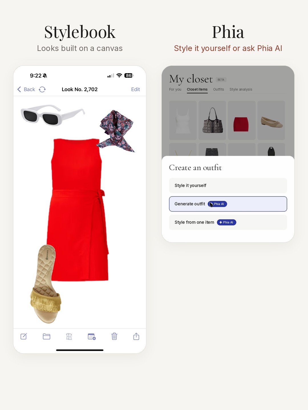 Side by side: a Stylebook look built on a canvas, next to Phia's Create an outfit menu with Style it yourself, Generate outfit and Style from one item