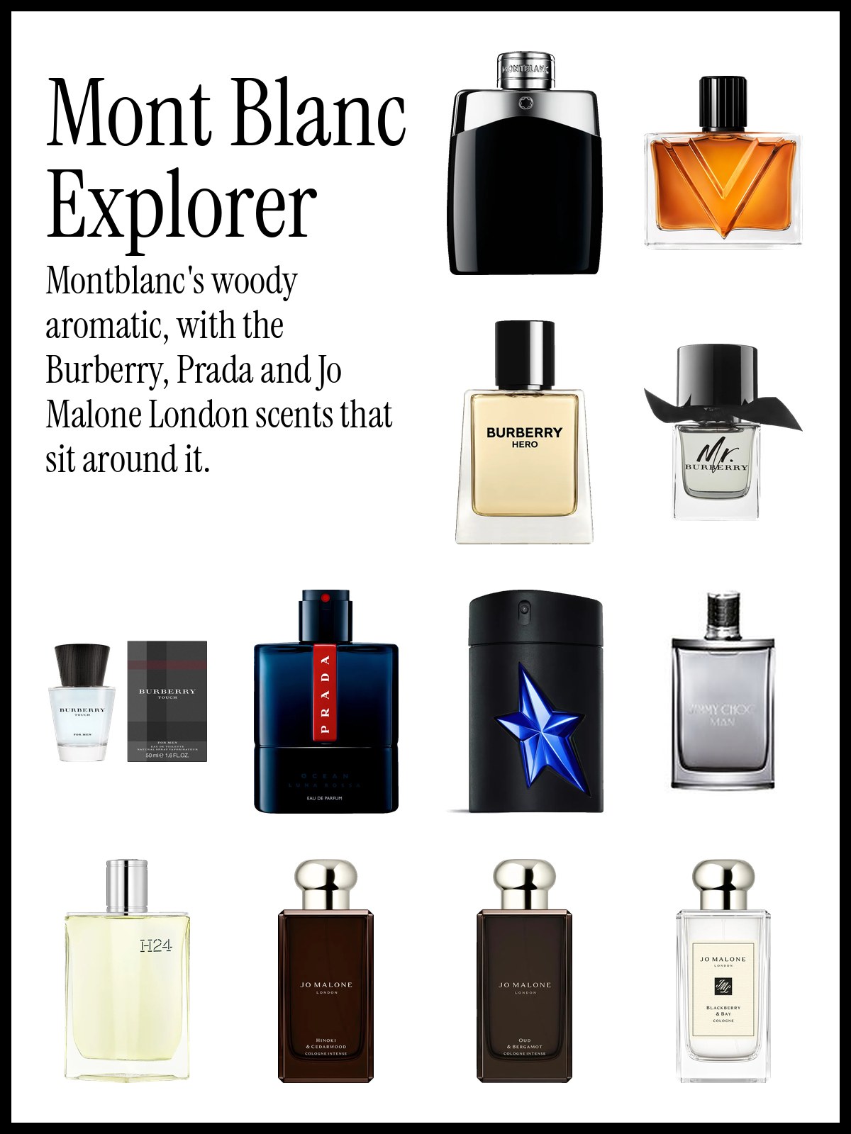 Collage of Montblanc Legend Eau de Toilette, Burberry Hero, Mr. Burberry, Prada Luna Rossa Ocean, Hermès H24 and Jo Malone London Hinoki & Cedarwood
