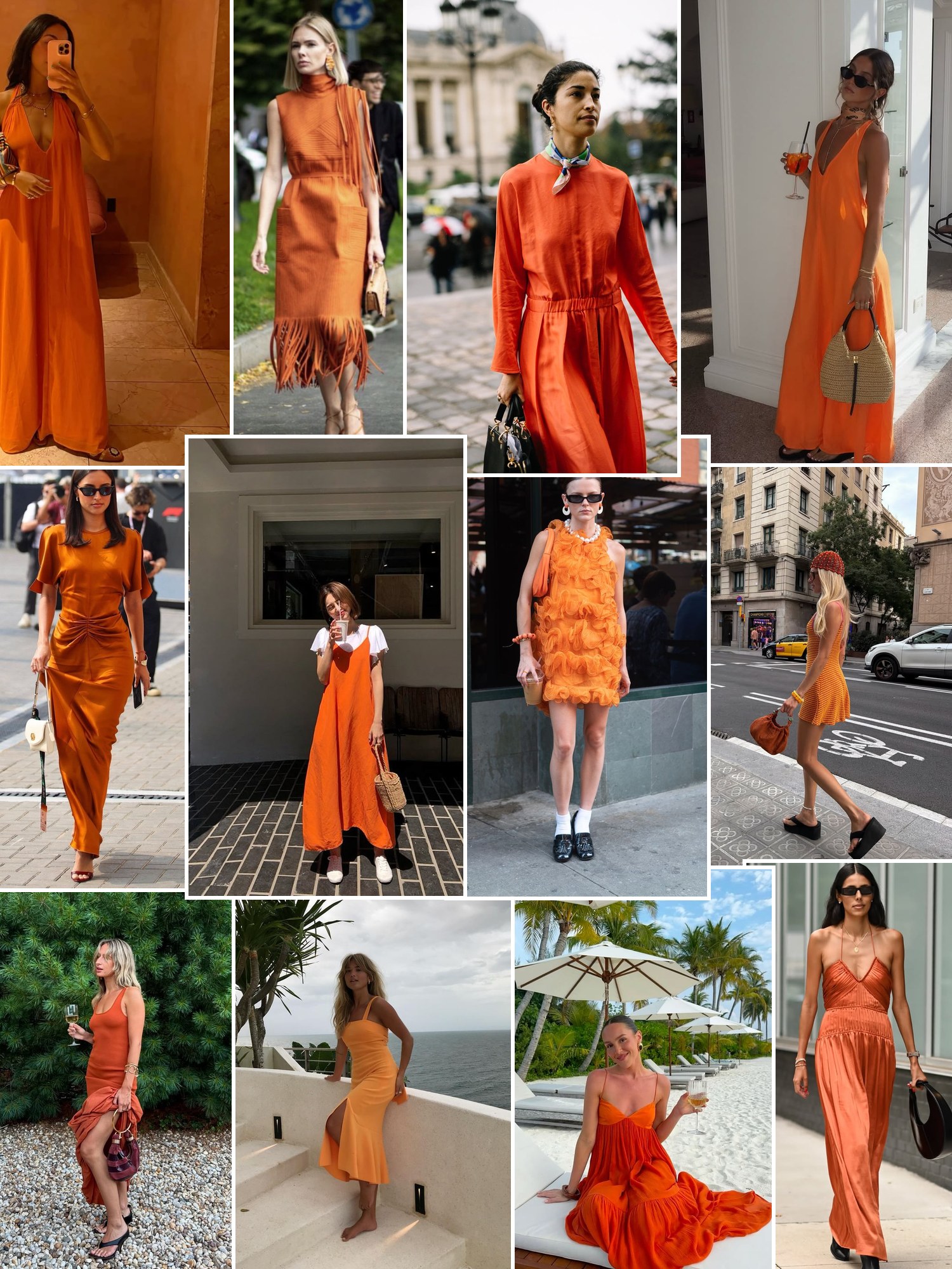 Street style collage of women wearing orange midi and maxi dresses