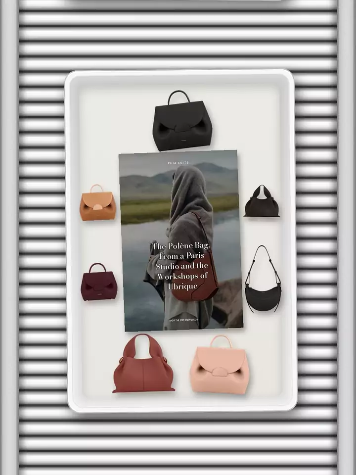 Animated airport trays on a conveyor, each holding a Phia edit cover and its products: The Polène Bag, From a Paris Studio and the Workshops of Ubrique, Dior Edit, Balenciaga City Bag, Chanel Mini Flap, Chloé Paddington Bag, Gucci Tote Bag, Prada Bag Guide