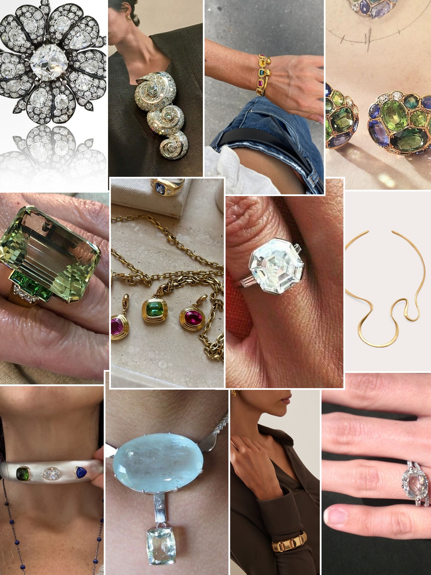 Collage of rings, earrings and layered necklaces worn up close, in the spirit of Stephen Russell