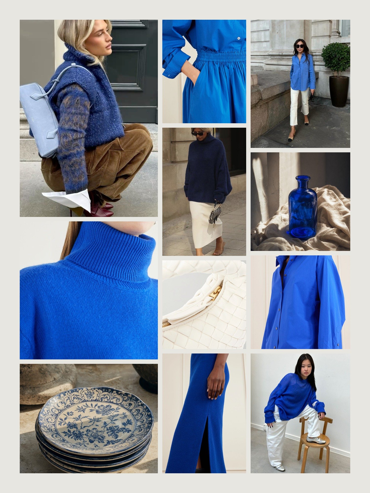 Mood board for cobalt blue and cream outfits: four street-style photos of women wearing cobalt blue and cream, close-ups of The Frankie Shop turtleneck sweater, the Skall midi skirt, the Bottega Veneta top-handle bag, the Rier midi dress and the Agolde cotton-blend shirt from this edit, and two still lifes in both colors
