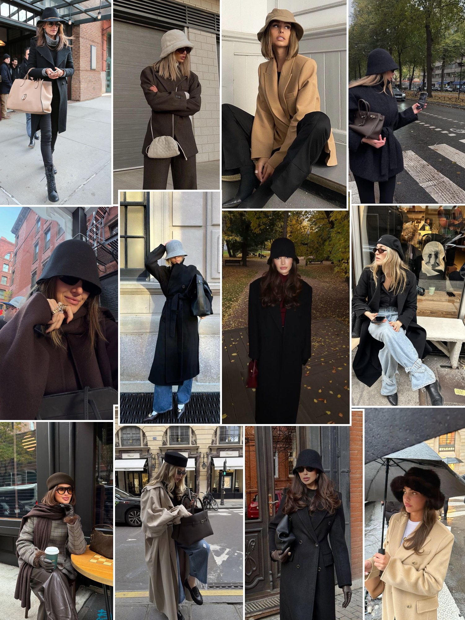 Collage of berets and bucket hats with wool coats