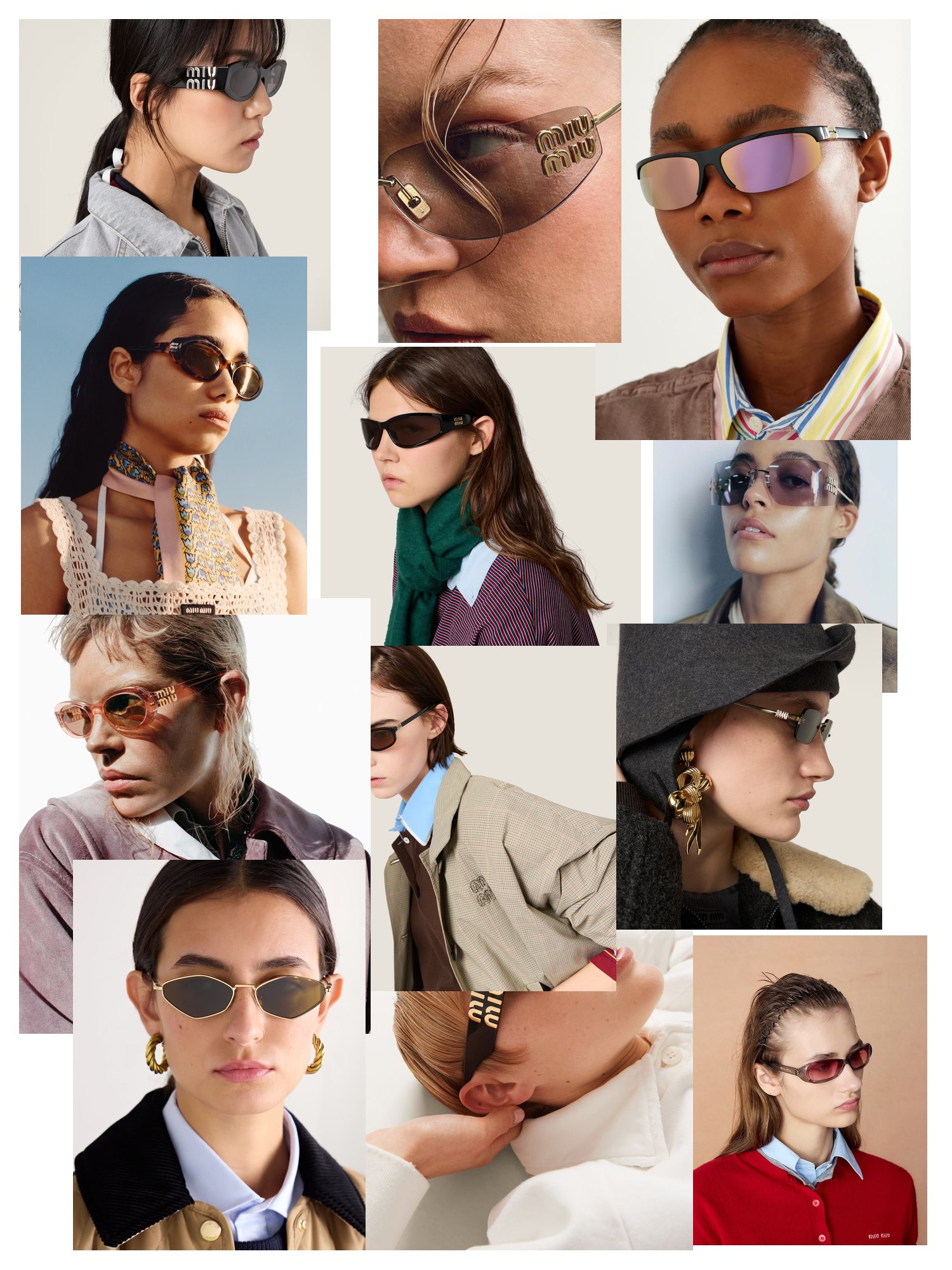 Street-style collage of 12 outfit photos featuring miu miu glasses, scattered and overlapping