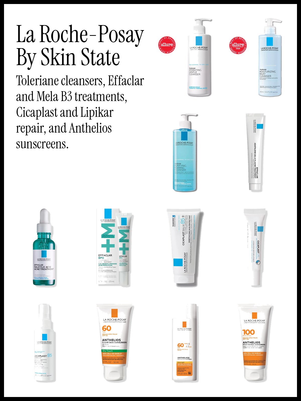 Collage of La Roche-Posay Toleriane cleansers, Effaclar treatments, Cicaplast balm and Anthelios sunscreens