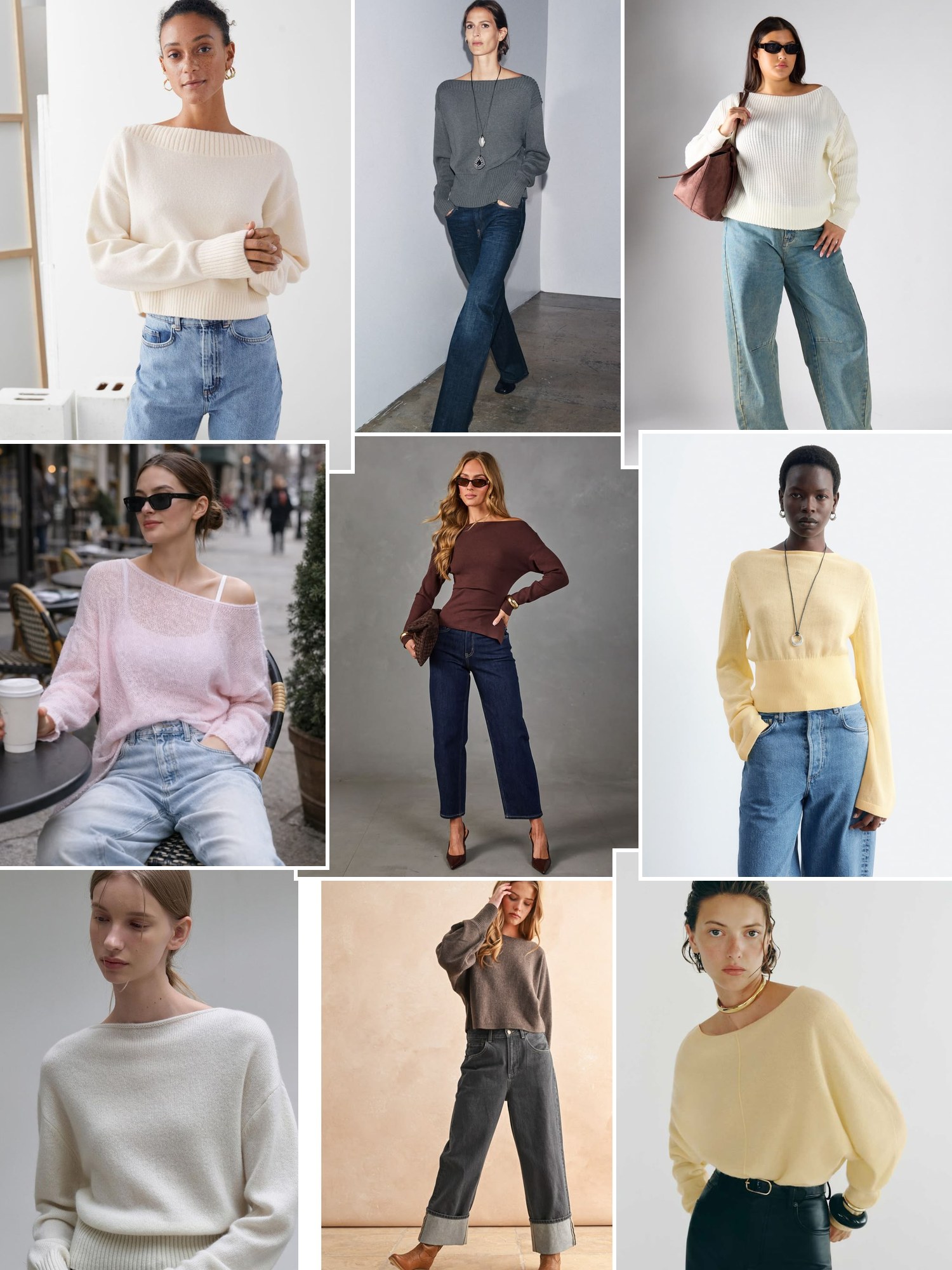 Collage of bateau neckline knits in fall