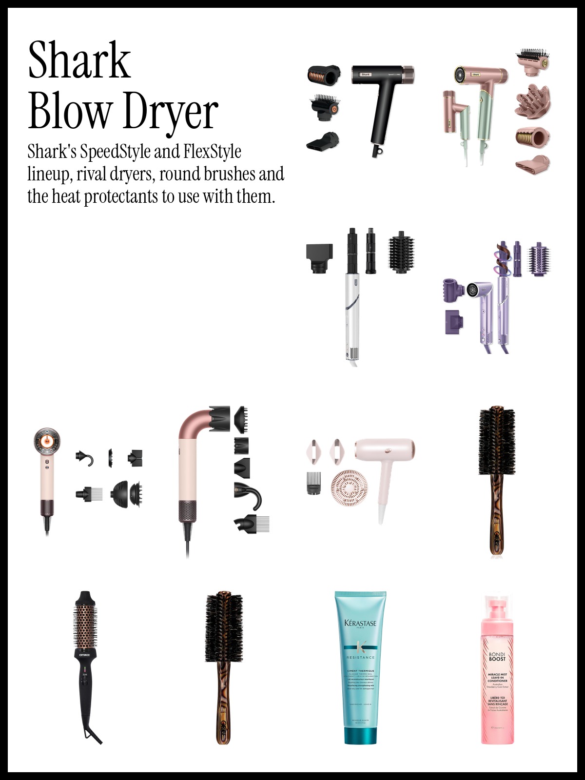 Collage of the Shark SpeedStyle Pro hair dryer, Dyson Supersonic Nural hair dryer and Oribe Medium Resin Round Brush