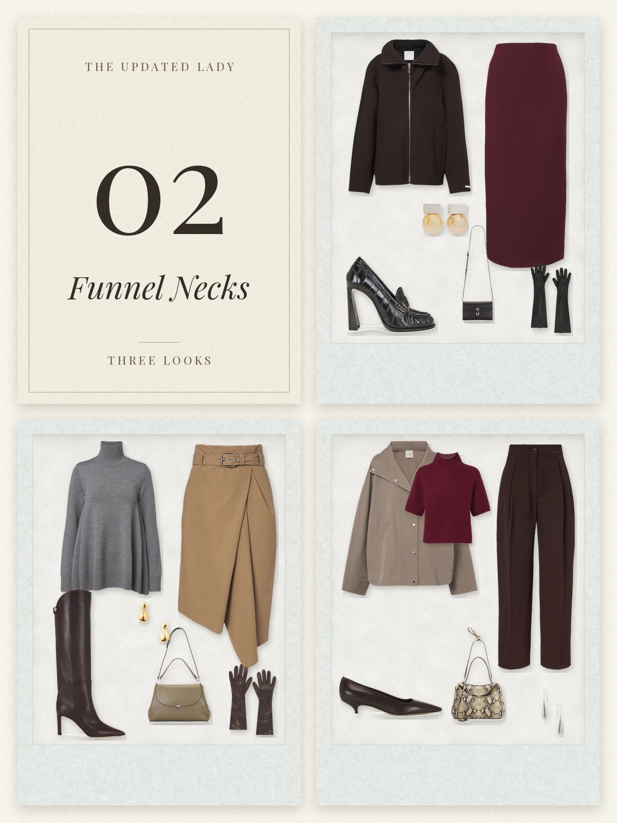 The Updated Lady trend card and three funnel neck outfits laid flat in Polaroid frames