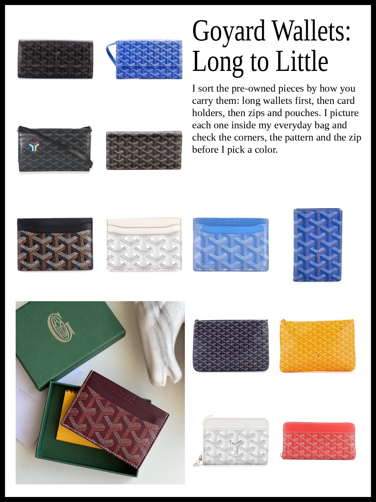 Collage of long bifold and continental wallets, slim card holders, and zip pouches and coin wallets, and a mood photo of a burgundy chevron card holder in a green gift box