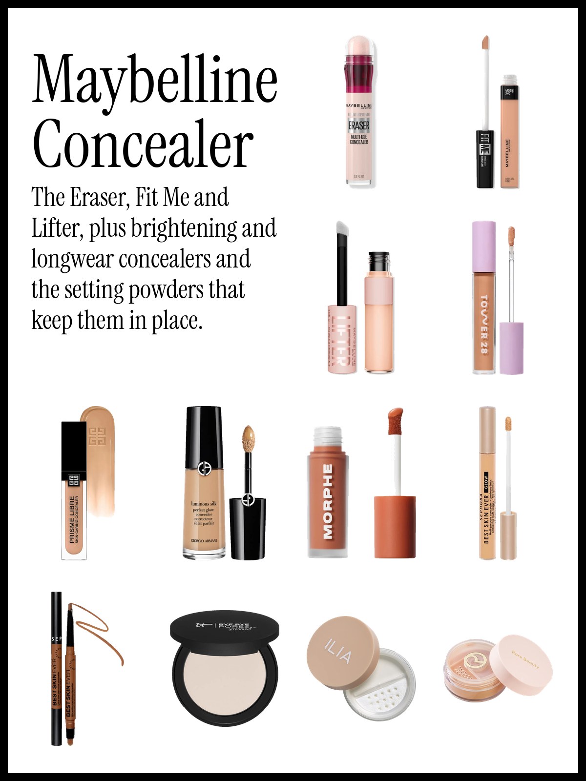 Collage of Maybelline Instant Age Rewind Eraser and Fit Me concealers, Tower 28 and Armani Beauty concealers and setting powders from IT Cosmetics, ILIA and Rare Beauty