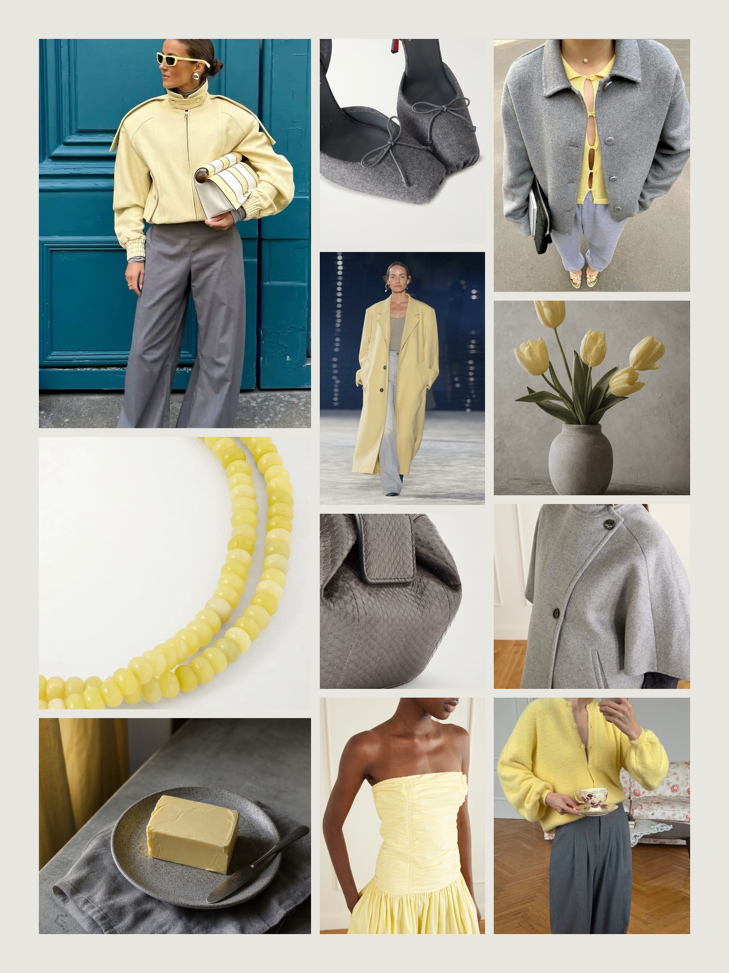 Mood board for butter yellow and gray outfits: four street-style photos of women wearing butter yellow and gray, close-ups of the Jennifer Behr quartz necklace, the Christian Louboutin ballerina pumps, the Gabriela Hearst snakeskin clutch, the Matteau midi dress and the Max Mara cashmere cape from this edit, and two still lifes in both colors