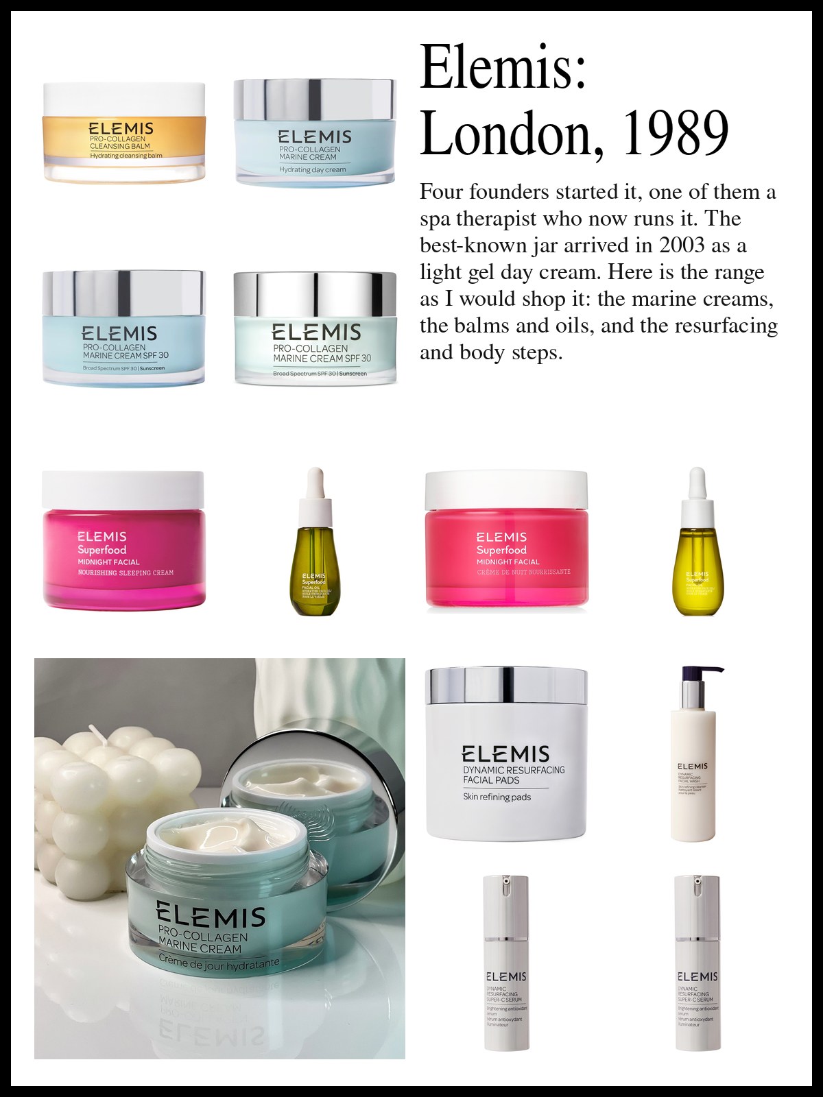 Collage of marine creams, cleansing balms, face oils, resurfacing serums and body care beside a photo of two magenta perfumed hand cream tubes, one crumpled and one upright, with a dark cherry balanced on the cap against a dusty pink background.