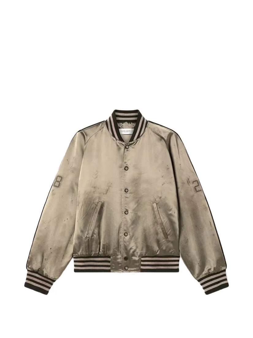 Bomber jacket in green satin with ribbed hems and collar