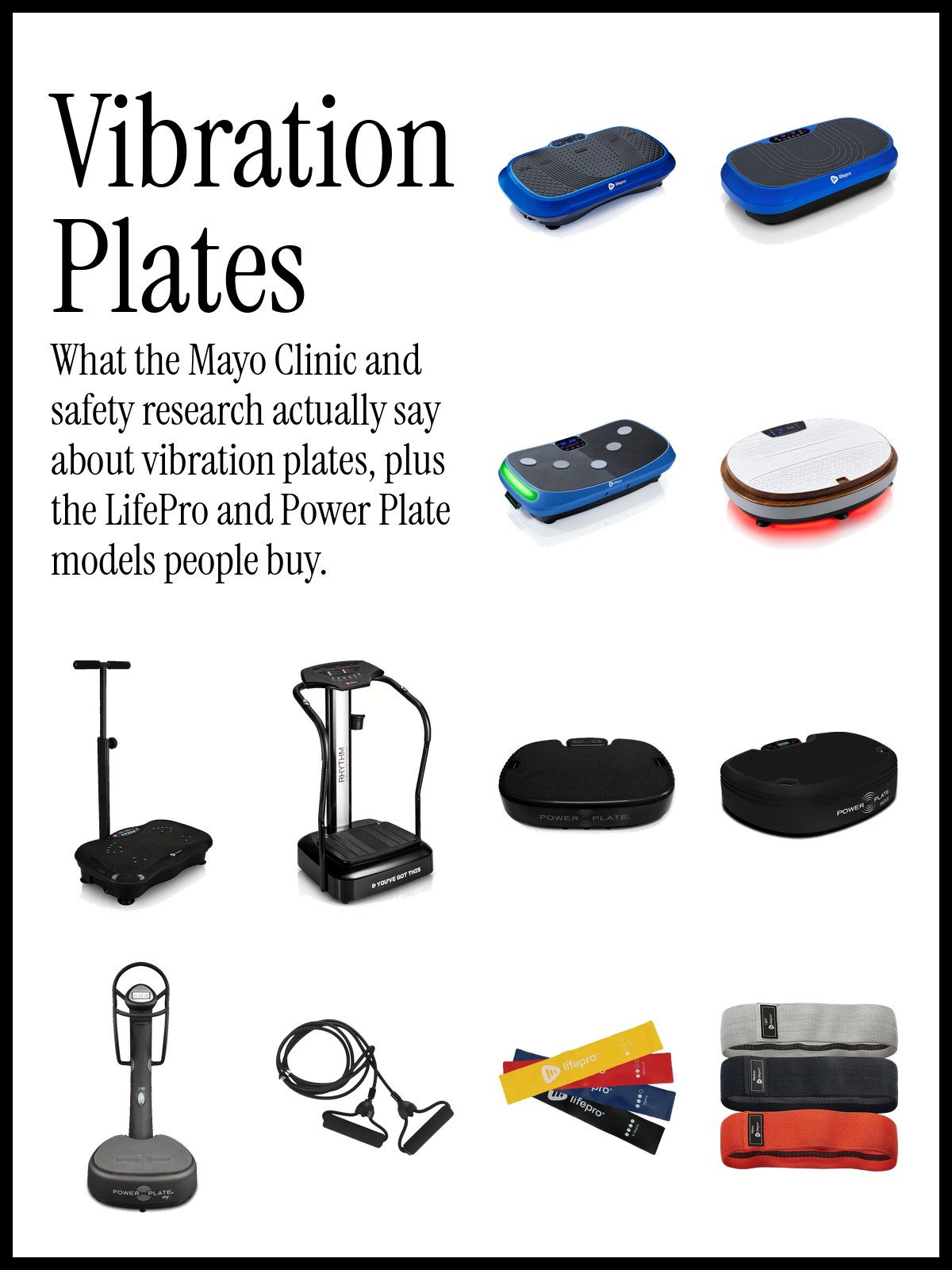 Collage of LifePro and Power Plate vibration plate machines with resistance bands and recovery tools