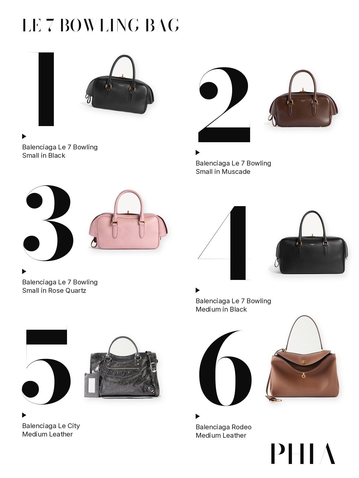 Big numbers collage for Balenciaga Le 7 Bowling Bag: six Balenciaga bags, each set beside a large numeral