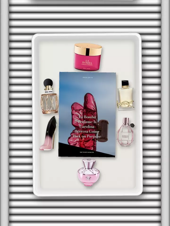 Animated airport trays on a conveyor, each holding a Phia edit cover and its products: La Bomba Perfume Is Carolina Herrera Going Pink on Purpose, La Roche-Posay Tinted Sunscreen, Sol De Janeiro Perfume, Tatcha The Silk Sunscreen SPF 50 and What to Layer Around It, Gucci Perfume, Starting From a Scarf Made for Grace Kelly, Truly Beauty Body Butters, Shave Butters And The Body Care To Pair, BYOMA Creamy Jelly Cleanser, a Lockdown Barrier Idea