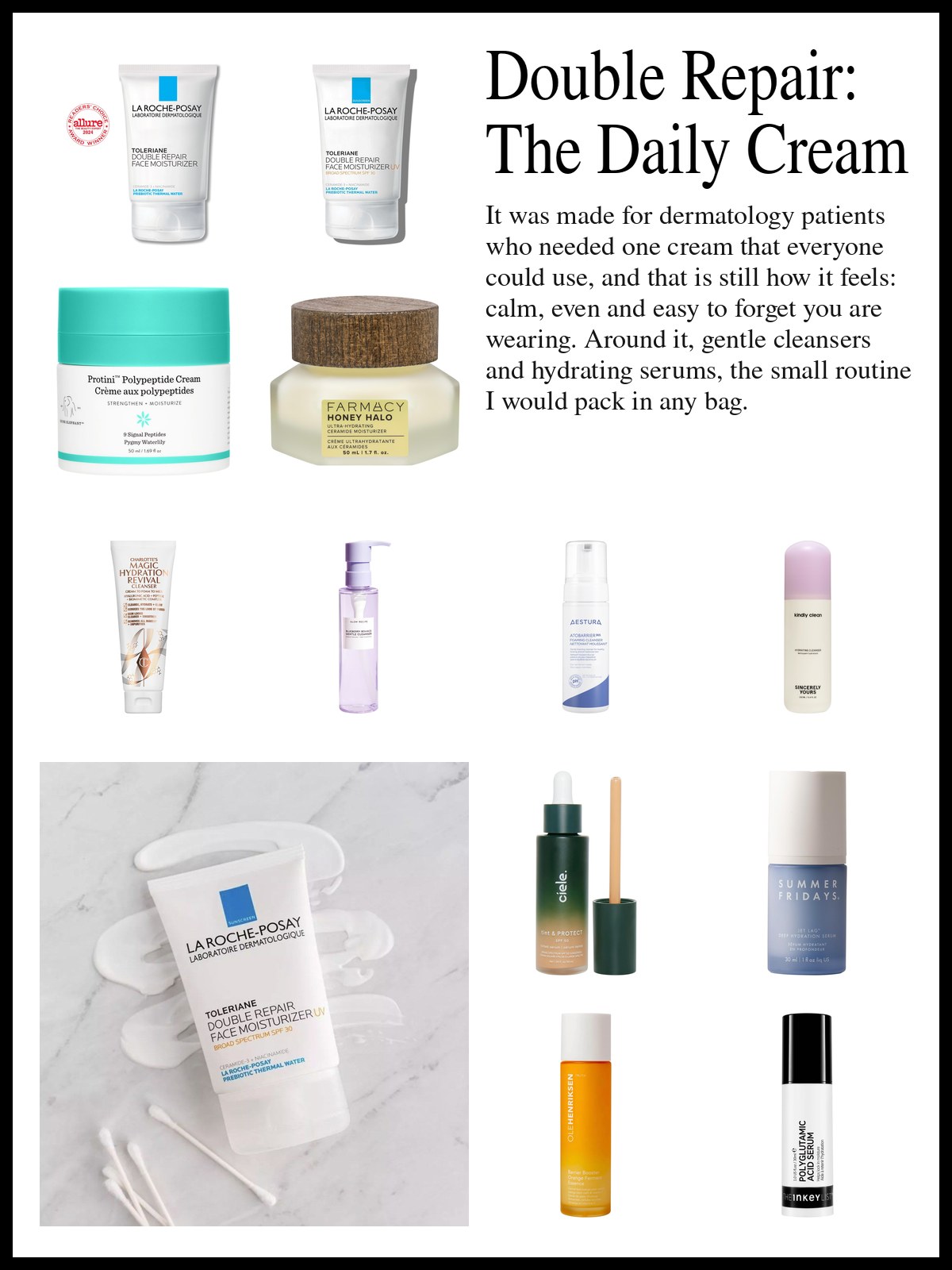 Collage of moisturizers, cleansers and serums beside a photo of an open cream leather handbag spilling out makeup brushes, a lip gloss, a brow pencil and a compact camera on a white background.