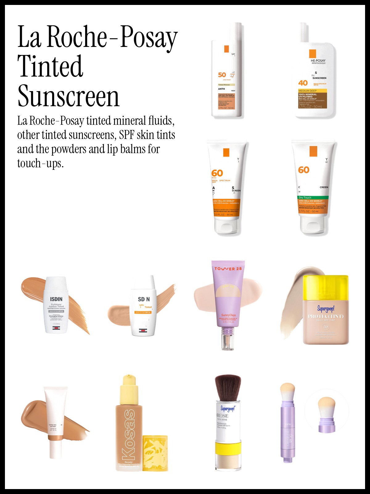 Collage of La Roche-Posay Anthelios Mineral Tinted Ultra Light Fluid SPF 50, ISDIN Eryfotona Ageless Tinted and Supergoop Protec(tint) Daily SPF Tint