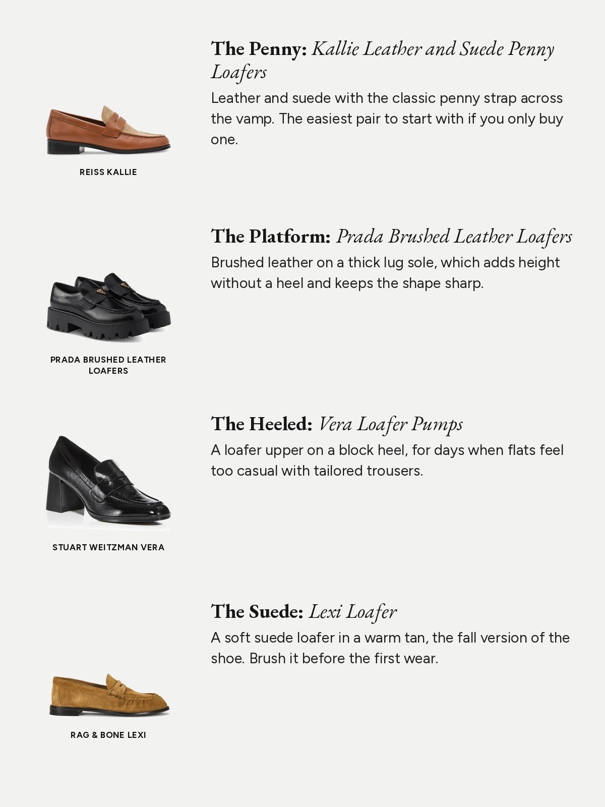 Loafers collage: penny, platform, heeled and suede pairs