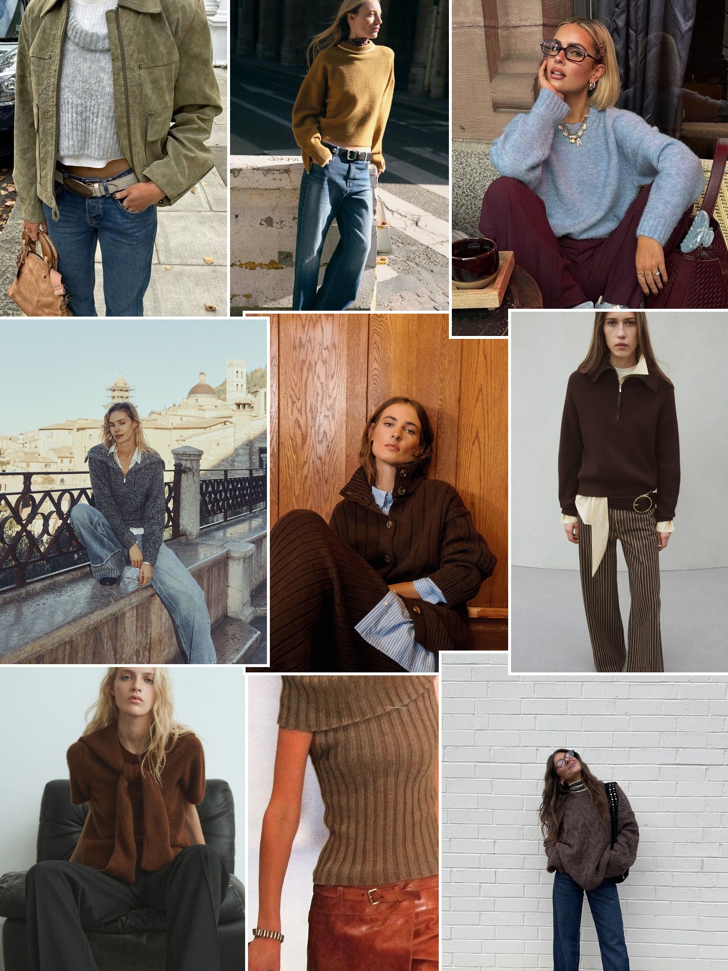 Street style collage of women in brown, striped and knit fall tops