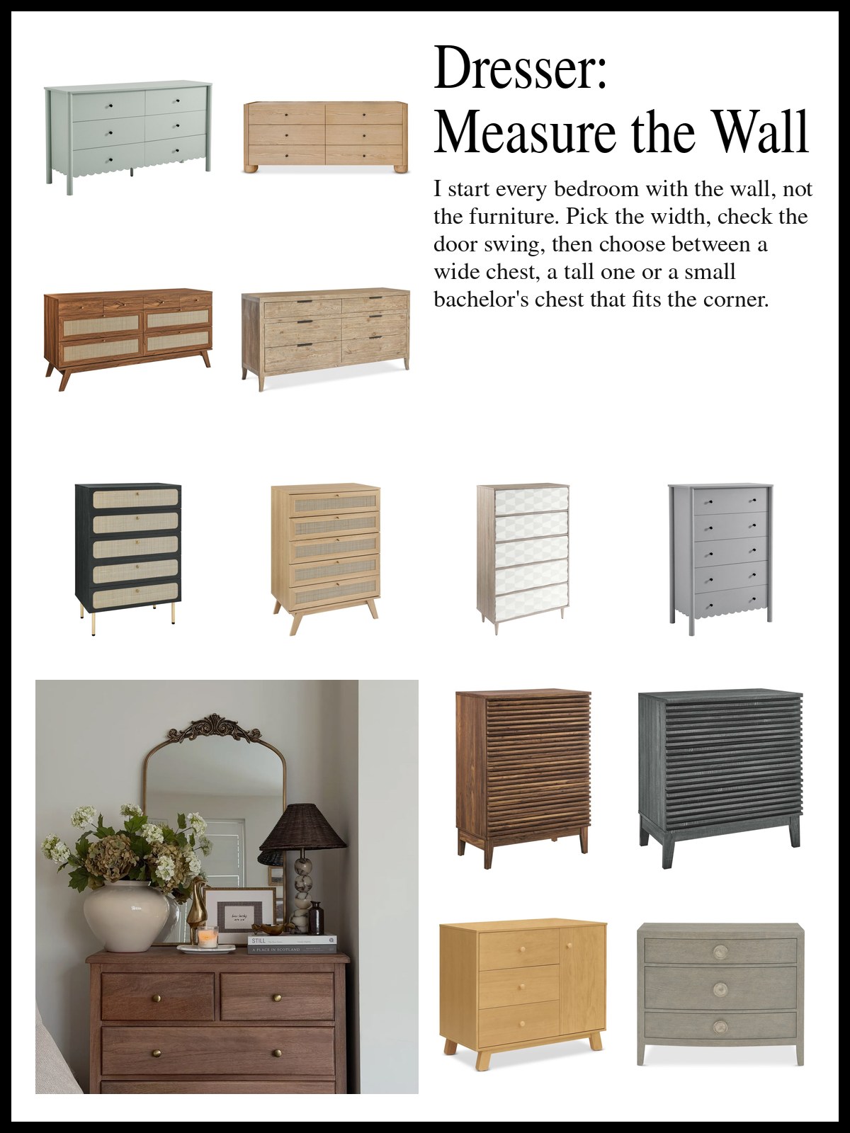 Collage of wide six and eight drawer chests, tall five drawer chests, and small bachelor's chests in oak tones, scalloped fronts and color block drawers, and a mood photo of a wood dresser with an arched mirror, a lamp and white flowers.