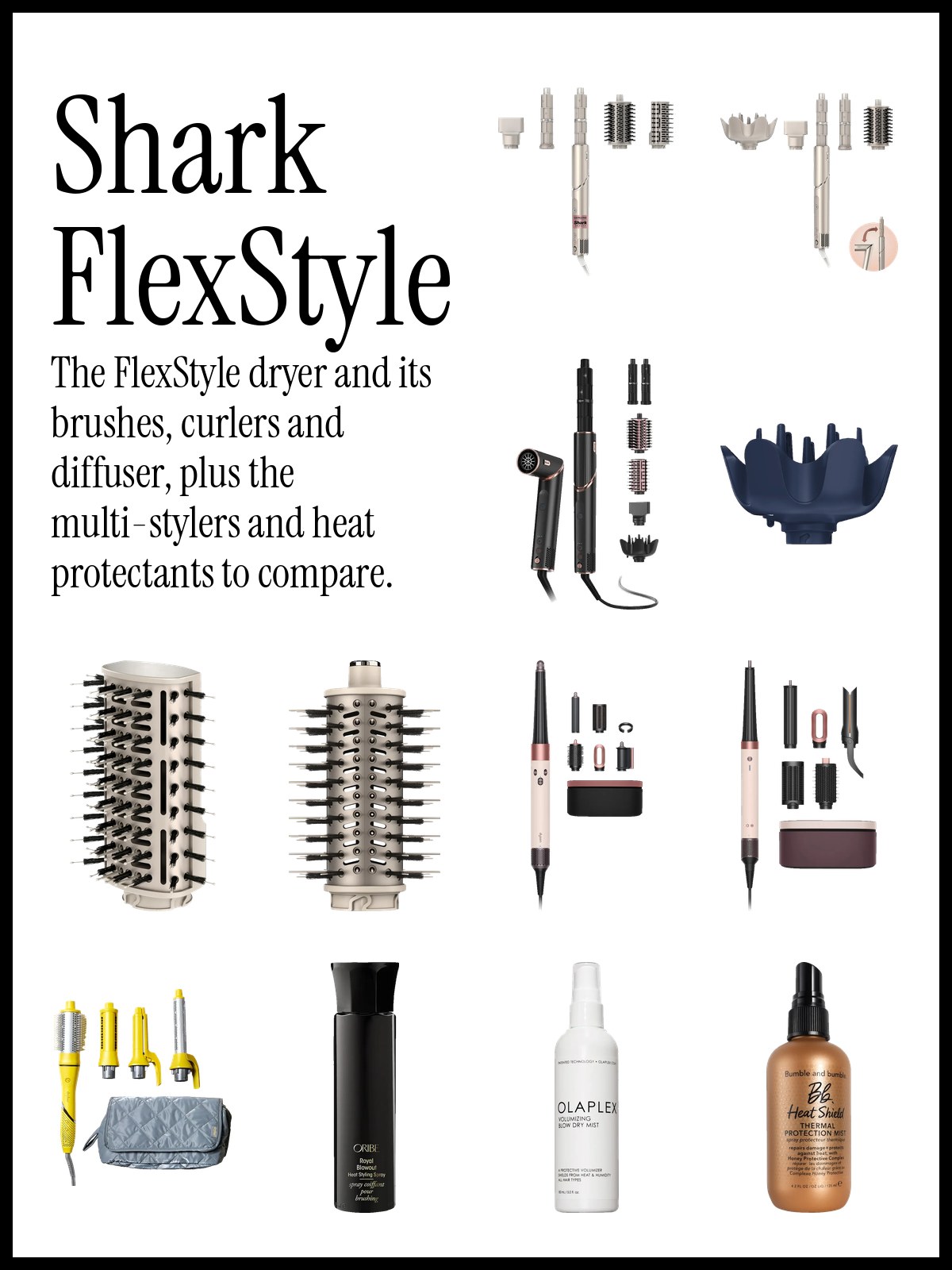 Collage of the Shark FlexStyle multi-stylers and brush attachments with Dyson Airwrap, Drybar and heat protectant sprays from Oribe, Olaplex and Bumble and bumble