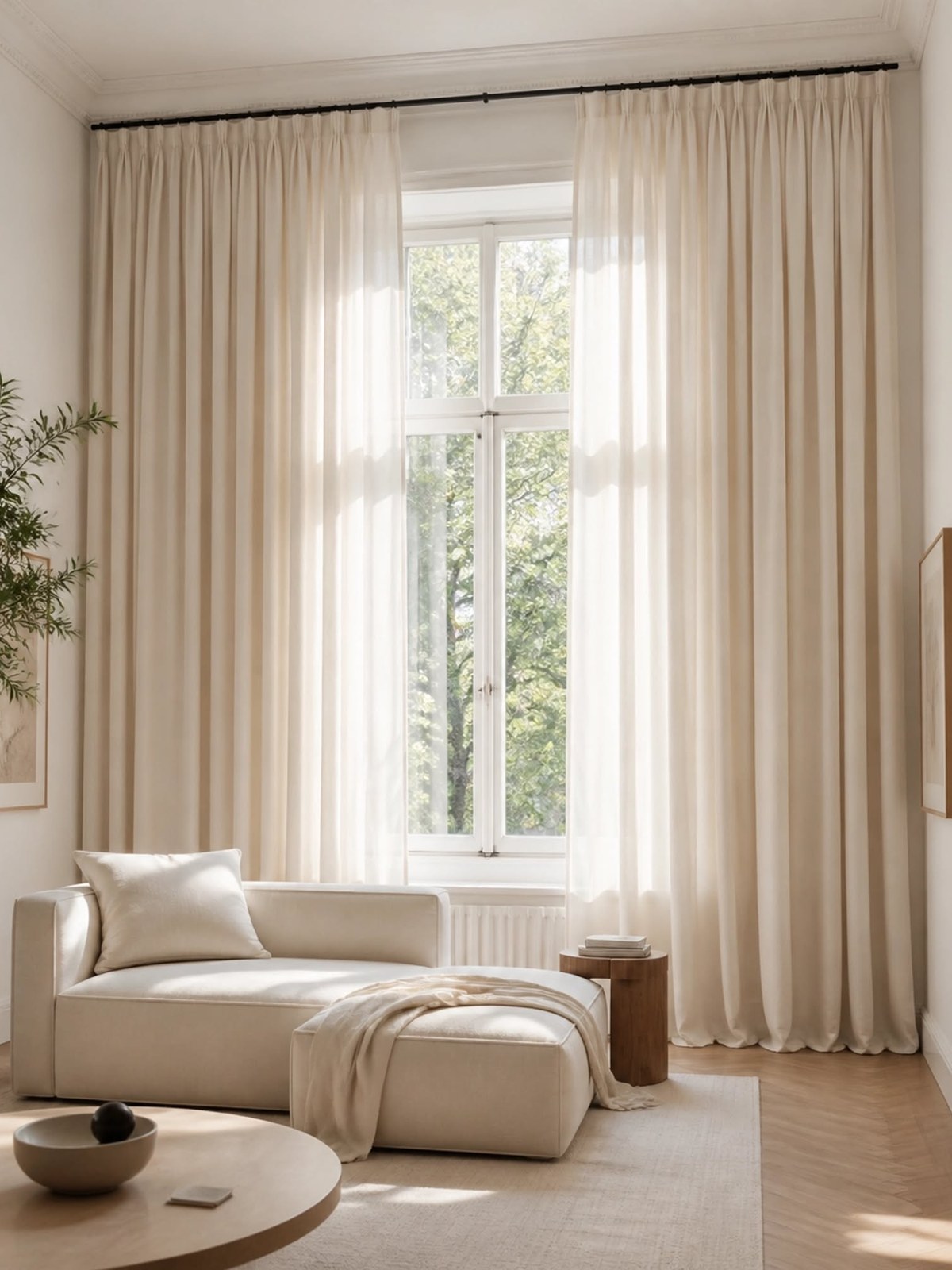 Sheer linen curtains hung close to the ceiling in a bright sitting room