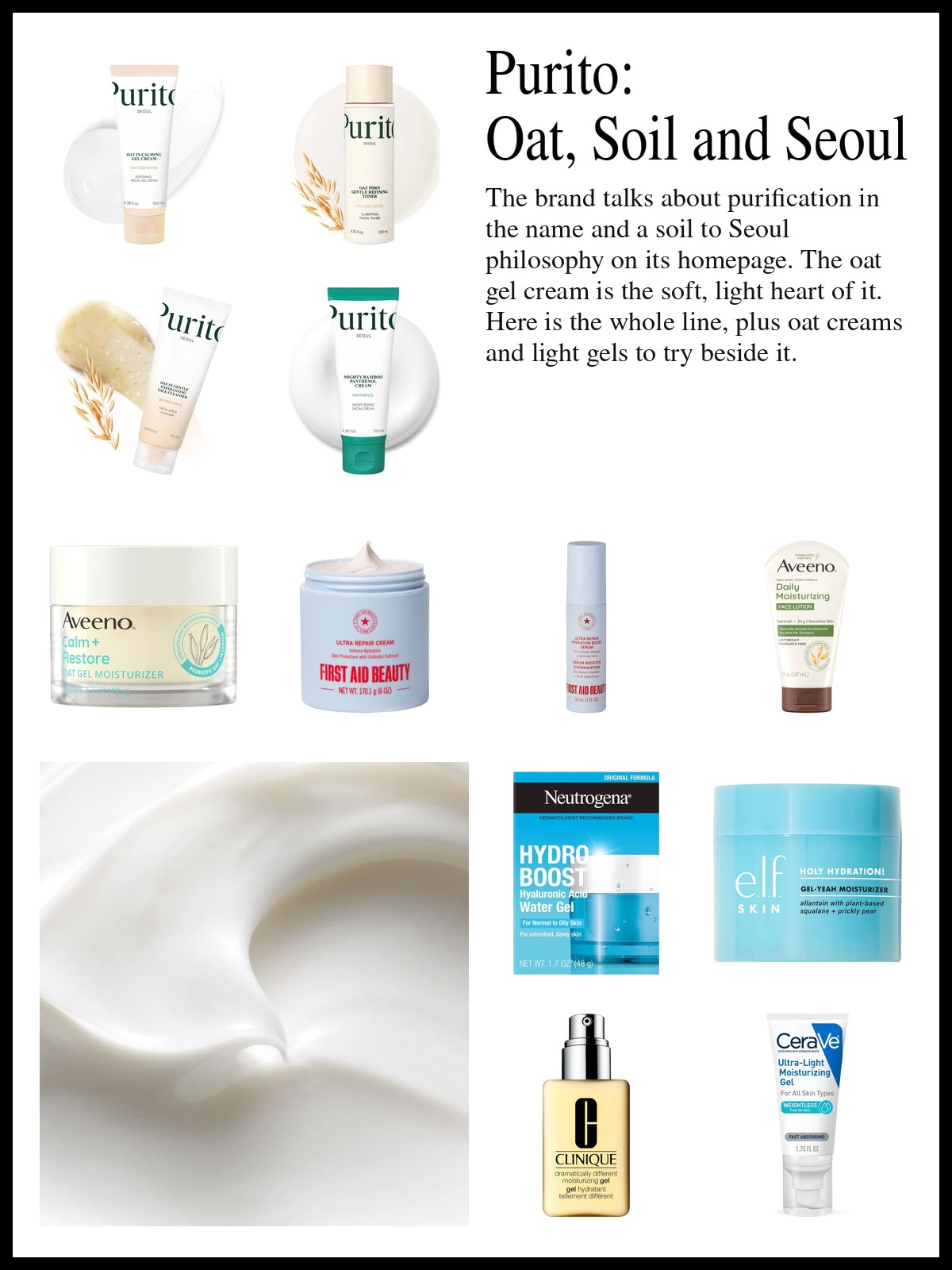 Collage of an oat gel cream, a toner, a cleanser and a panthenol cream, oat creams and light water gel moisturizers, and a mood photo of a swirl of white cream.
