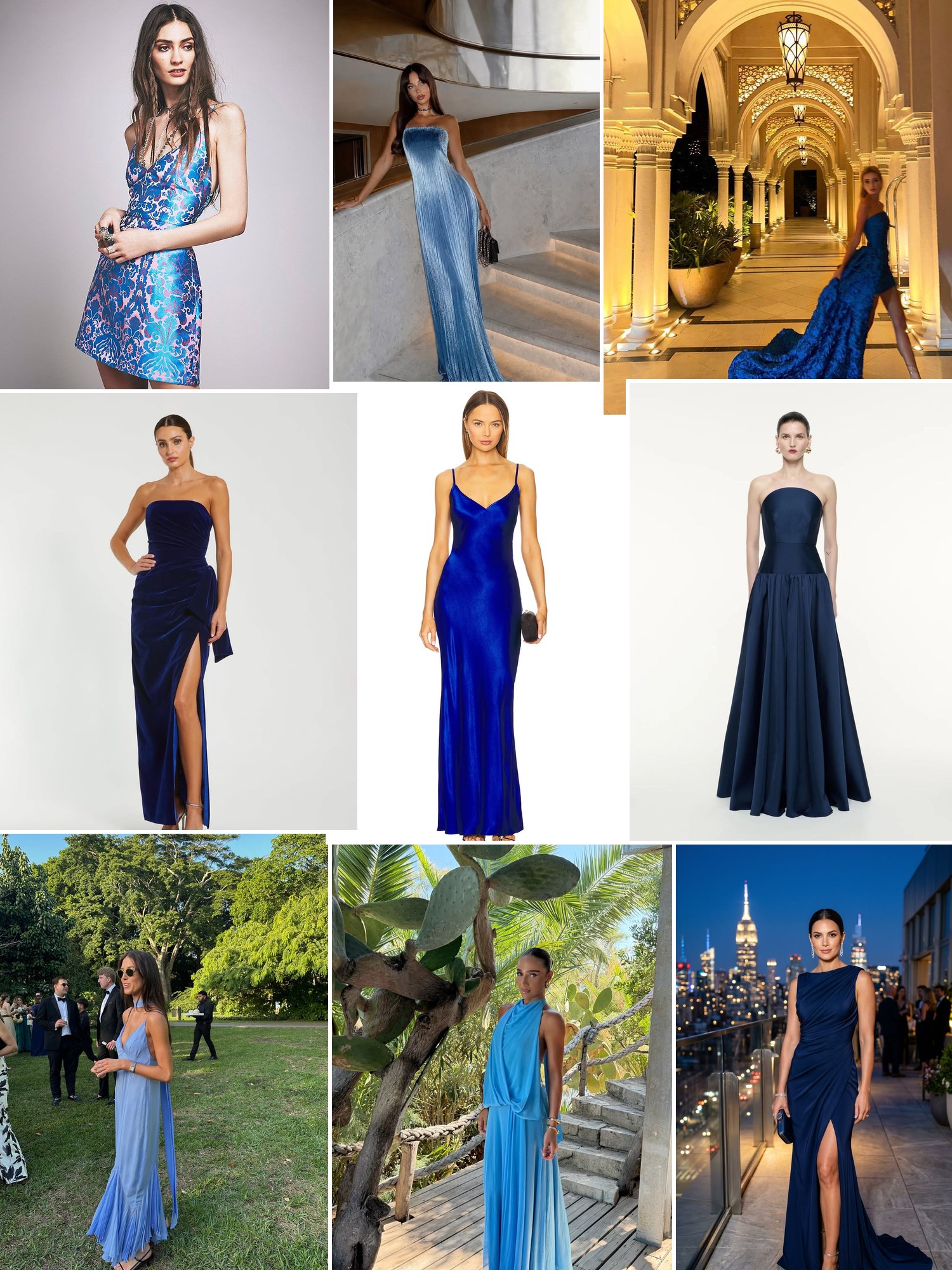 Street style collage of women wearing blue formal dresses