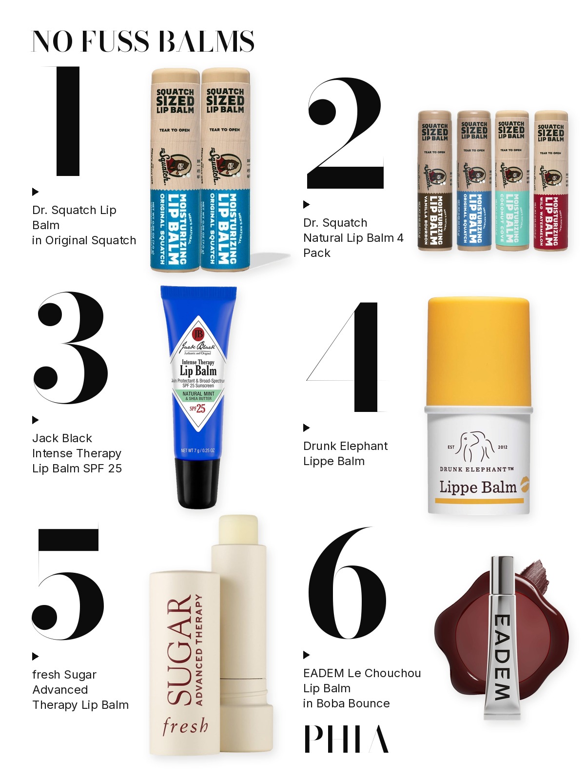 Big numbers collage titled NO FUSS BALMS, six products numbered one to six with each product set beside its number: Dr. Squatch, Jack Black, Drunk Elephant, fresh and EADEM
