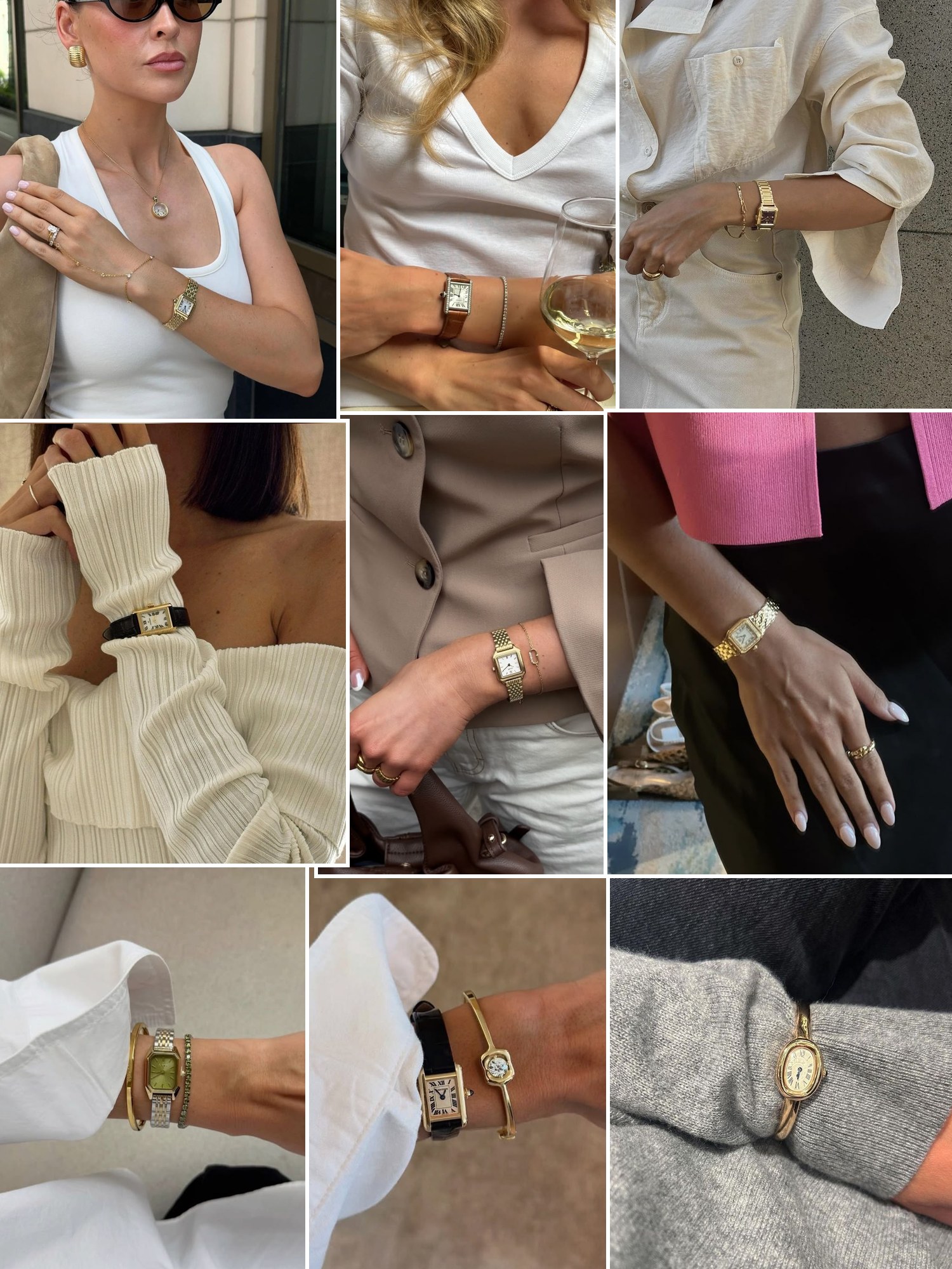 Collage of rectangular watches on leather straps and similar looks