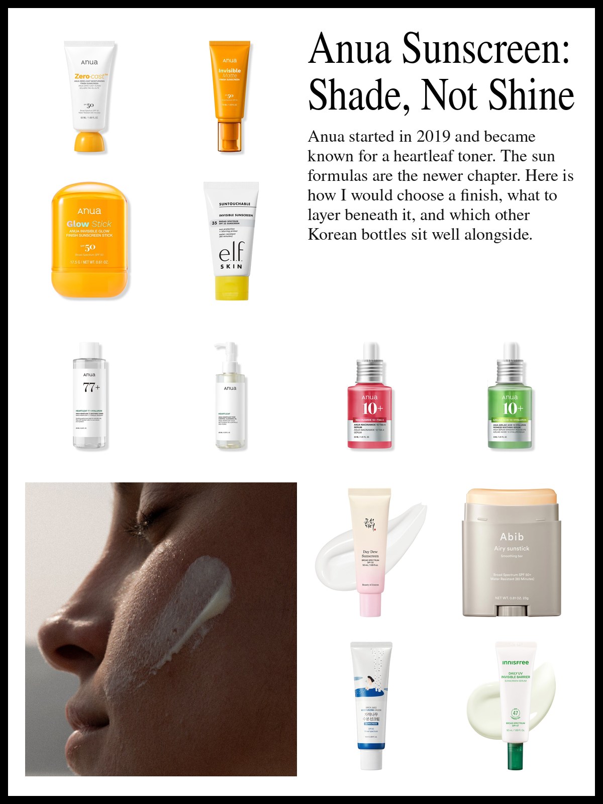 Collage of Anua sunscreens, toners and serums and sunscreens from other Korean brands, and a mood photo of sunscreen streaked across a cheek.