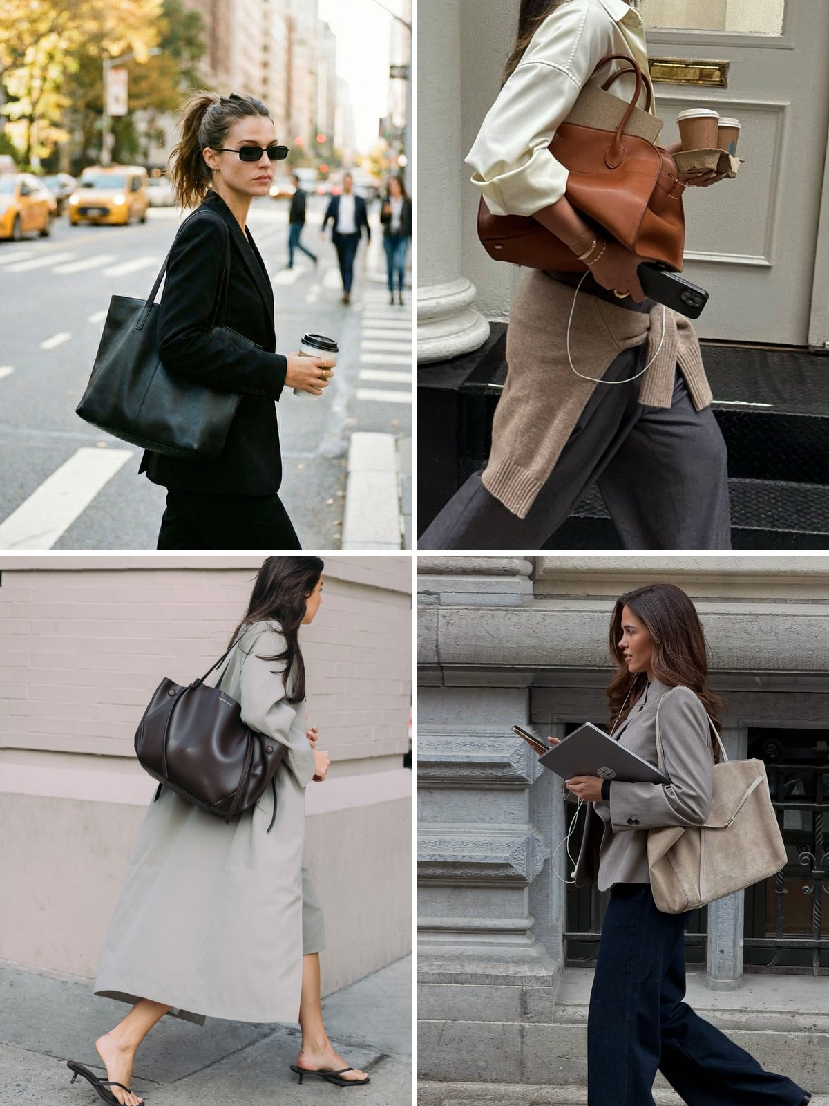 Women carrying leather and suede tote bags to work: a black tote with a blazer, a cognac tote with coffee, a brown tote with a long coat, a suede tote with a laptop