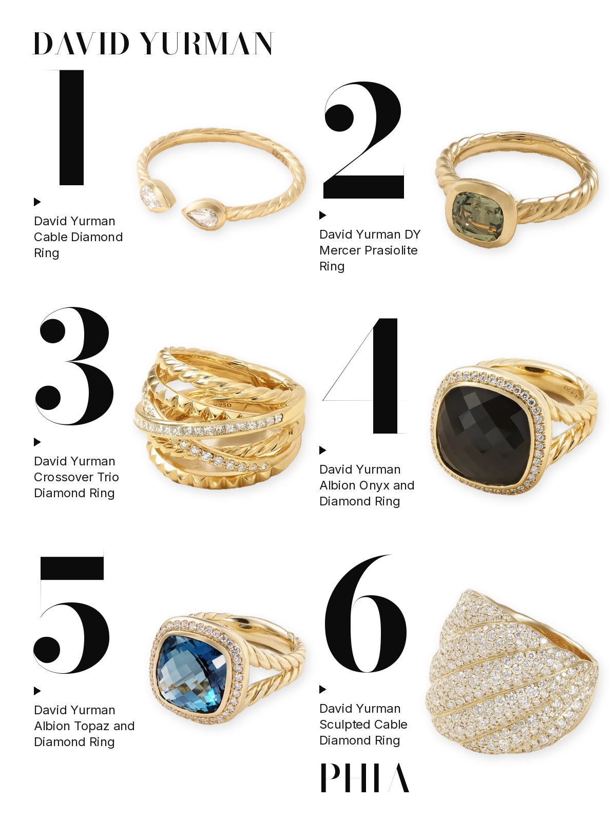 Numbered collage of six david yurman from this edit: David Yurman Cable Diamond Ring, David Yurman DY Mercer Prasiolite Ring, David Yurman Crossover Trio Diamond Ring, David Yurman Albion Onyx and Diamond Ring, David Yurman Albion Topaz and Diamond Ring and David Yurman Sculpted Cable Diamond Ring.