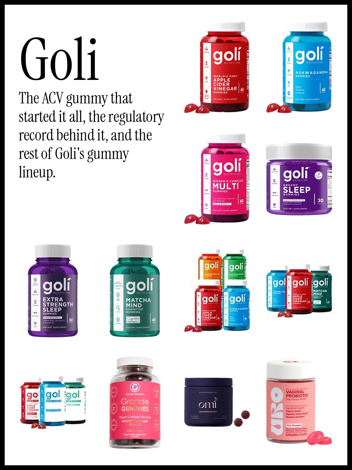 Collage of Goli Apple Cider Vinegar Gummies with ashwagandha, multivitamin and sleep gummy bottles
