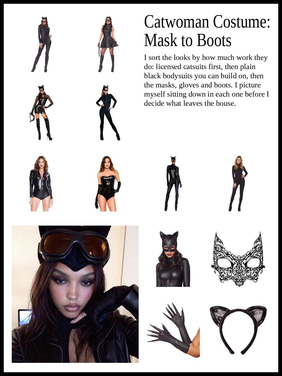 Collage of licensed Catwoman catsuits and dresses, black zip-front catsuits and bodysuits, and cat-ear masks, claw gloves and patent boots, and a mood photo of a cat-ear mask with goggles and dark lipstick