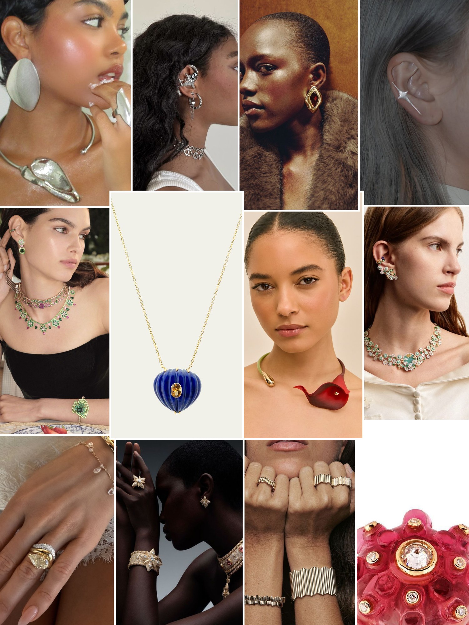 Collage of rings, earrings and layered necklaces worn up close, in the spirit of Haute Victoire