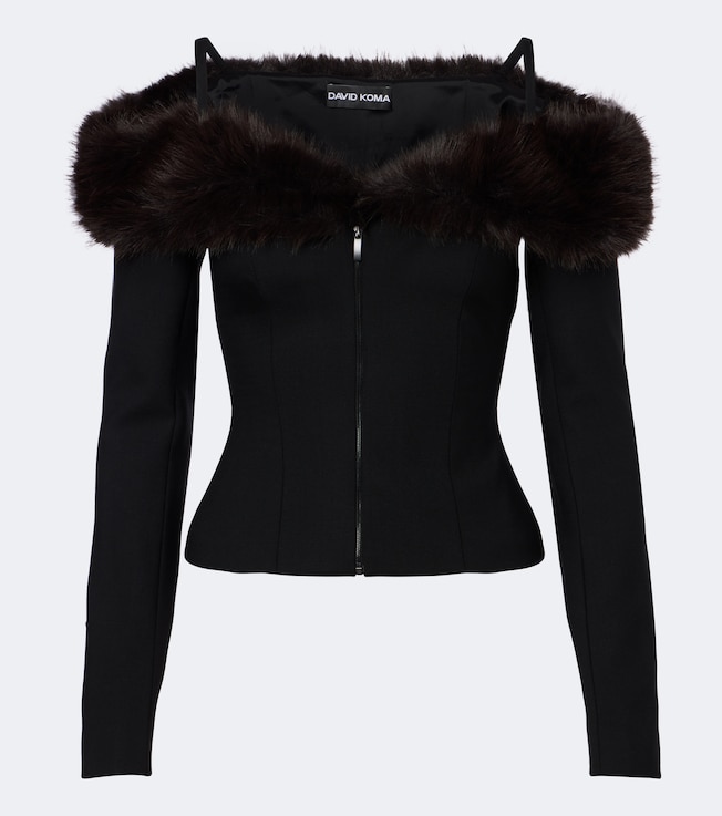 Off-shoulder wool-blend zip-up top