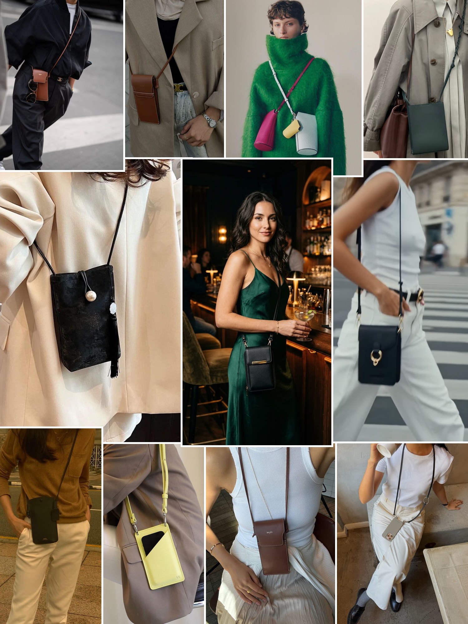 Collage of phone crossbody bags in street style