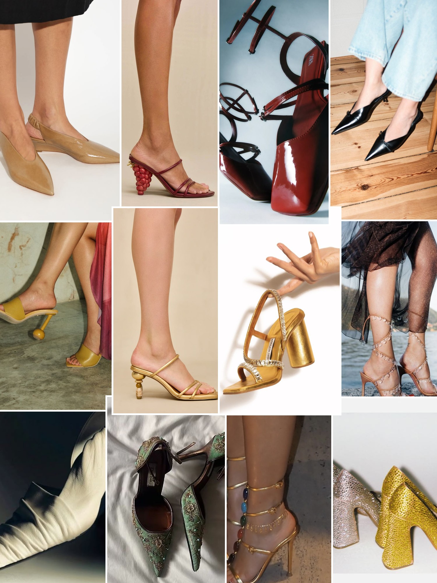 Collage of shoes styled with city, runway and evening outfits that capture the Odissi mood