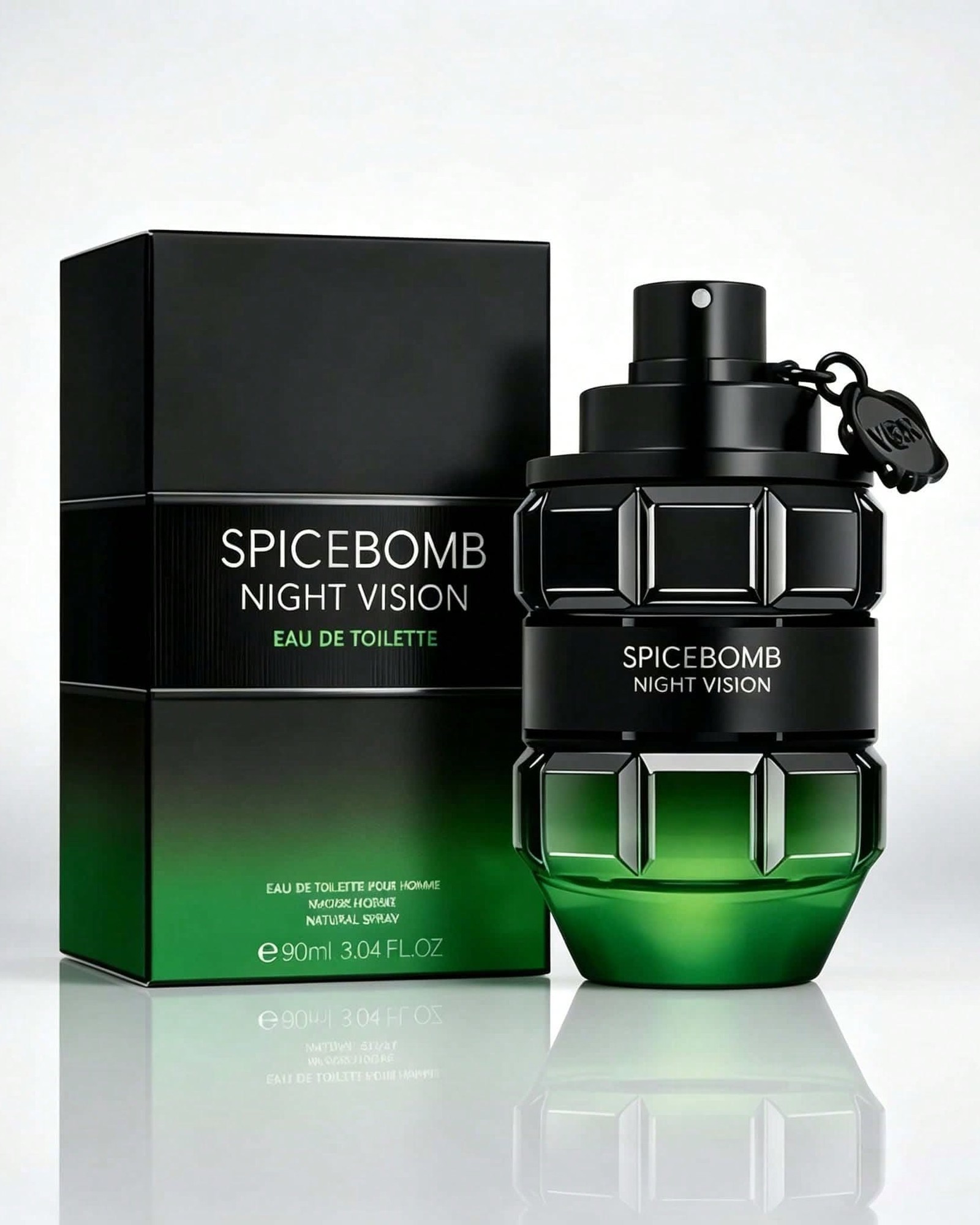 Spicebomb Night Vision Eau de Toilette green-and-black grenade bottle beside its boxed pack on a pale reflective surface