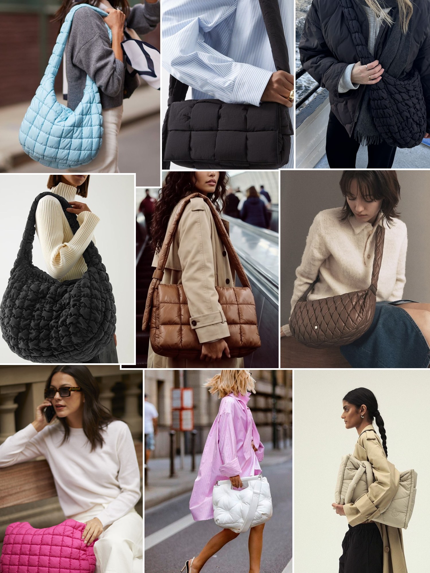 Collage of quilted leather bags in street style