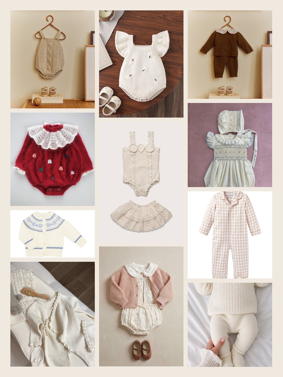 Mood board of baby clothes: knit rompers on hangers, a lace-collar red romper, a smocked dress and bonnet, gingham and Fair Isle knits