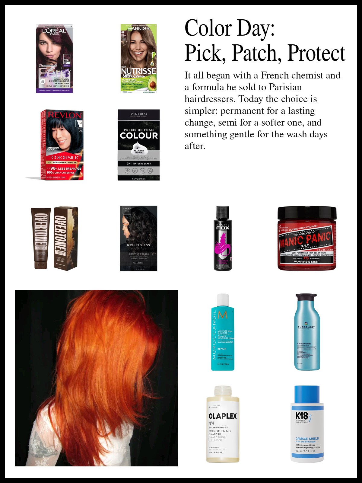 Collage of permanent color kits, semi-permanent jars and tubs, and shampoos and conditioners beside a mood photo of bright copper red hair.