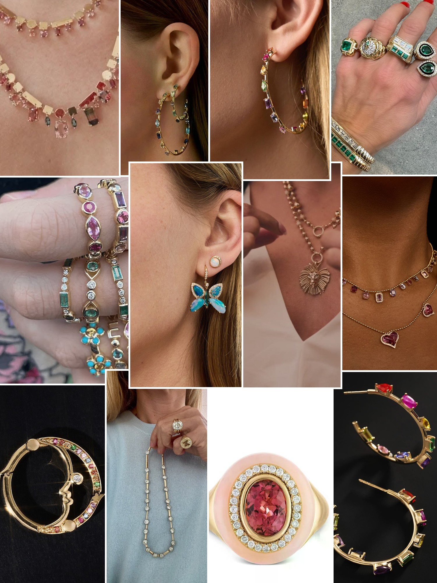 Collage of rings, earrings and layered necklaces worn up close, in the spirit of Eden Presley