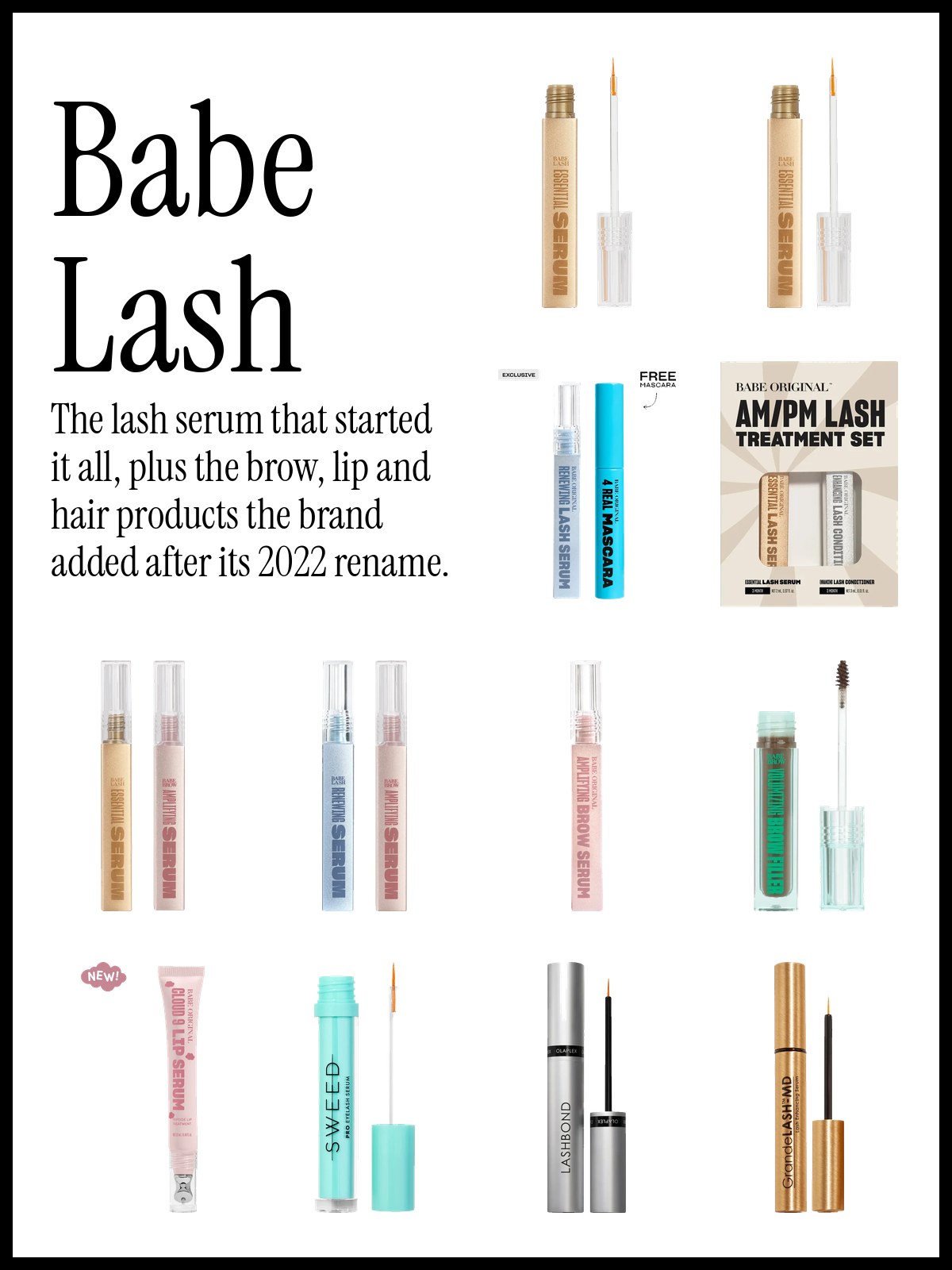 Collage of Babe Original lash serums, brow serums and set boxes