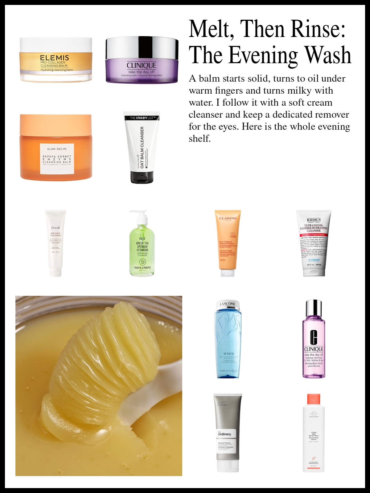 Collage of melting balms, cream and milk cleansers, eye makeup removers and micellar water and a mood photo of a spatula lifting golden balm from a jar.
