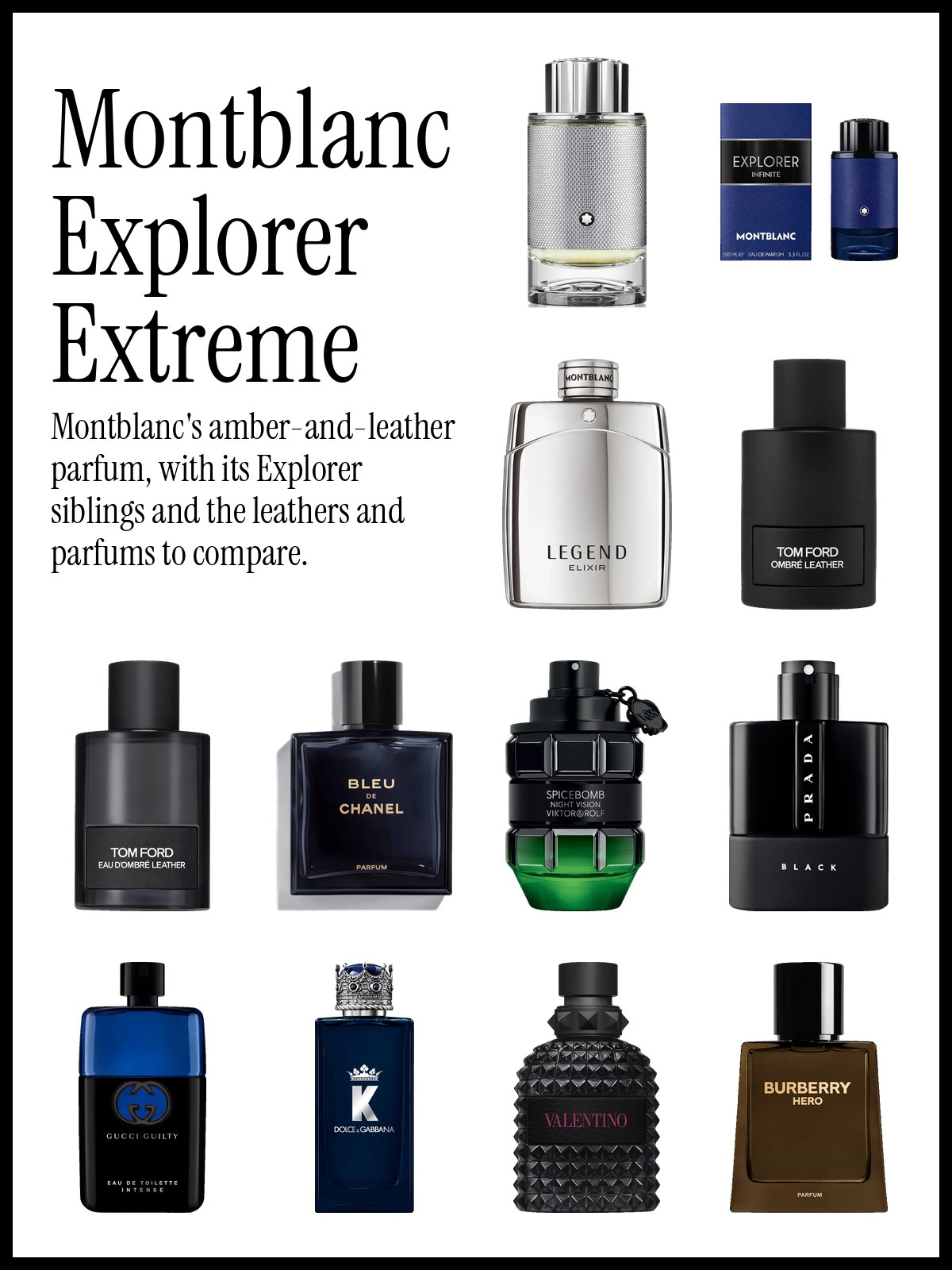 Collage of Montblanc Explorer Platinum, Explorer Infinite and Legend Elixir with Tom Ford Ombré Leather, Bleu de Chanel Parfum and Prada Luna Rossa Black