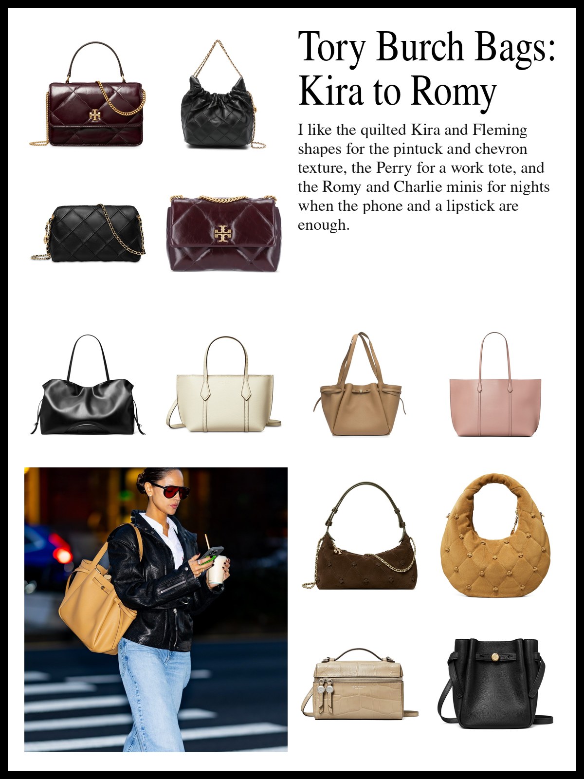 A collage of Tory Burch quilted shoulder bags, leather totes and small crossbody bags, and a mood photo of a woman carrying a tan tote across a city crosswalk.